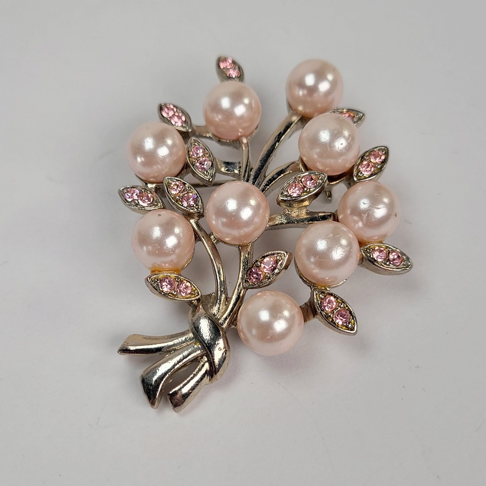 Vintage Rose Pink Faux Pearl and Rhinestone Floral Bouquet Brooch Silver Tone